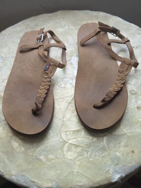 Rainbow brown braided leather thong sandals